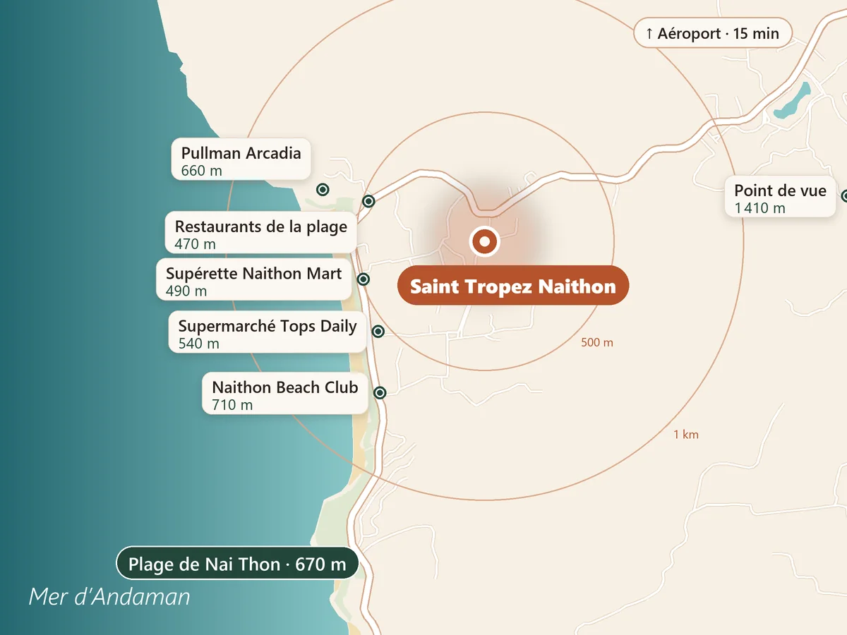 Carte de Nai Thon : Saint Tropez Naithon, la plage de Nai Thon à 670 m, restaurants, supermarchés et le Pullman Arcadia à proximité