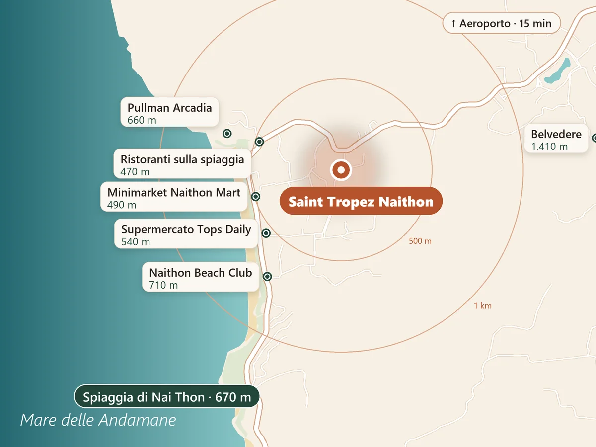 Mappa di Nai Thon: Saint Tropez Naithon, la spiaggia di Nai Thon a 670 m, ristoranti, supermercati e il Pullman Arcadia nelle vicinanze