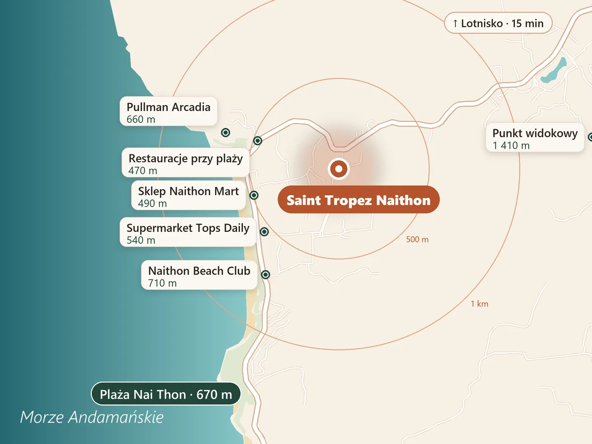 Mapa Nai Thon: Saint Tropez Naithon, plaża Nai Thon 670 m dalej, w pobliżu restauracje, supermarkety i Pullman Arcadia