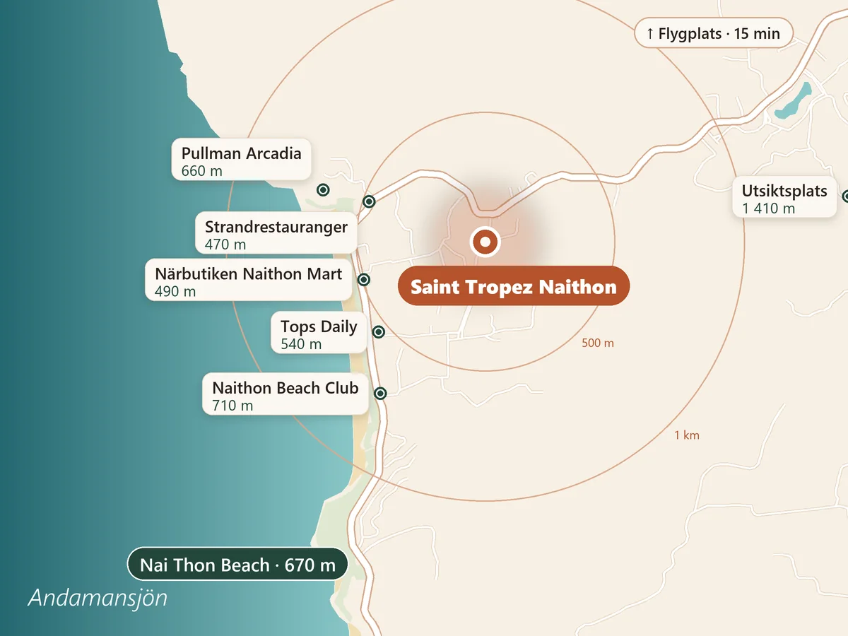 Karta över Nai Thon: Saint Tropez Naithon, Nai Thon Beach 670 m bort, restauranger, livsmedelsbutiker och Pullman Arcadia i närheten
