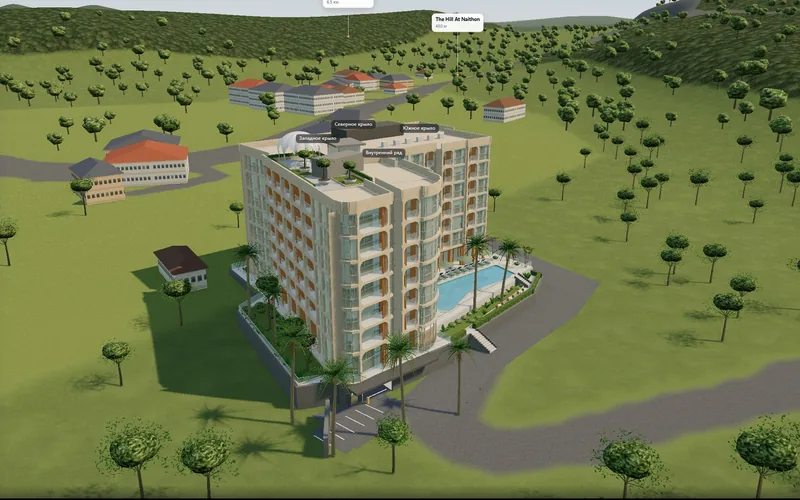 3D-Modell von Saint Tropez Naithon: das Gebäude mit Pool, Flügeln und der Umgebung von Nai Thon