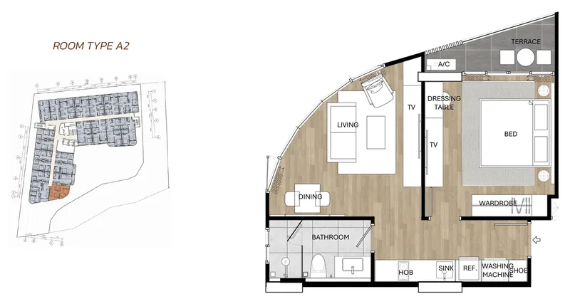 Grundriss Wohnung A2 mit einem Schlafzimmer im Saint Tropez Naithon, 46,58 m²