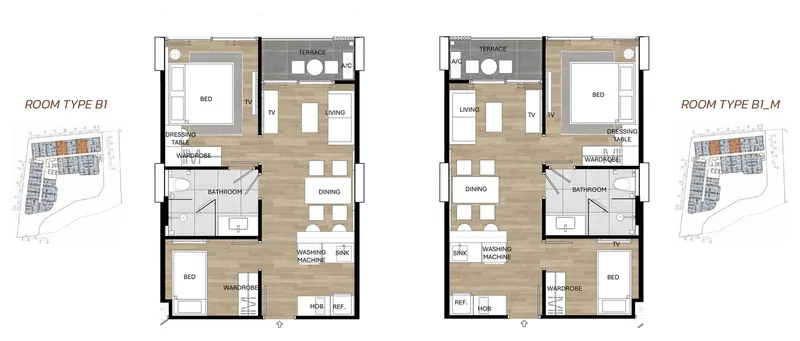 Grundriss Wohnung B1 mit zwei Schlafzimmern im Saint Tropez Naithon, 49,85 m², mit Kochinsel