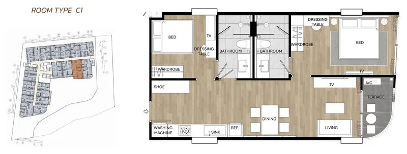 Grundriss Wohnung C1 mit zwei Schlafzimmern im Saint Tropez Naithon, 67,5 m²